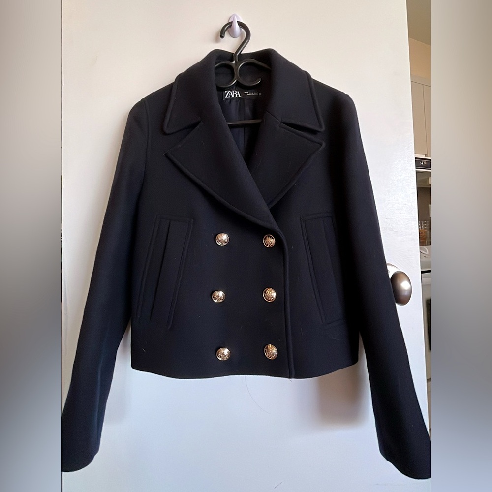 Zara Black Double-Breasted Pea Coat with Gold Buttons
